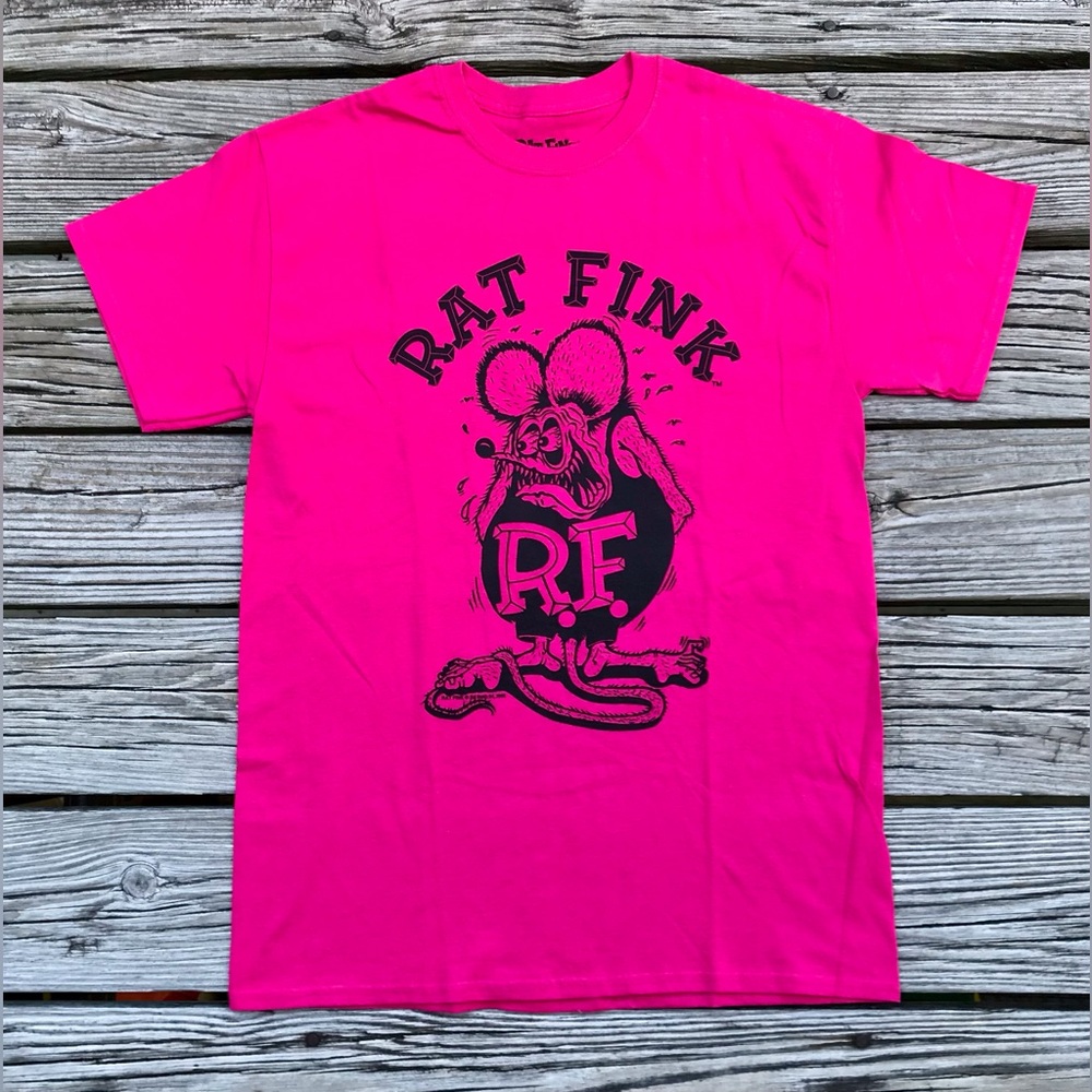 NEW M RAT FINK Hot Pink Black Front Back Graphic Logo Tee Tshirt Top Car Fans